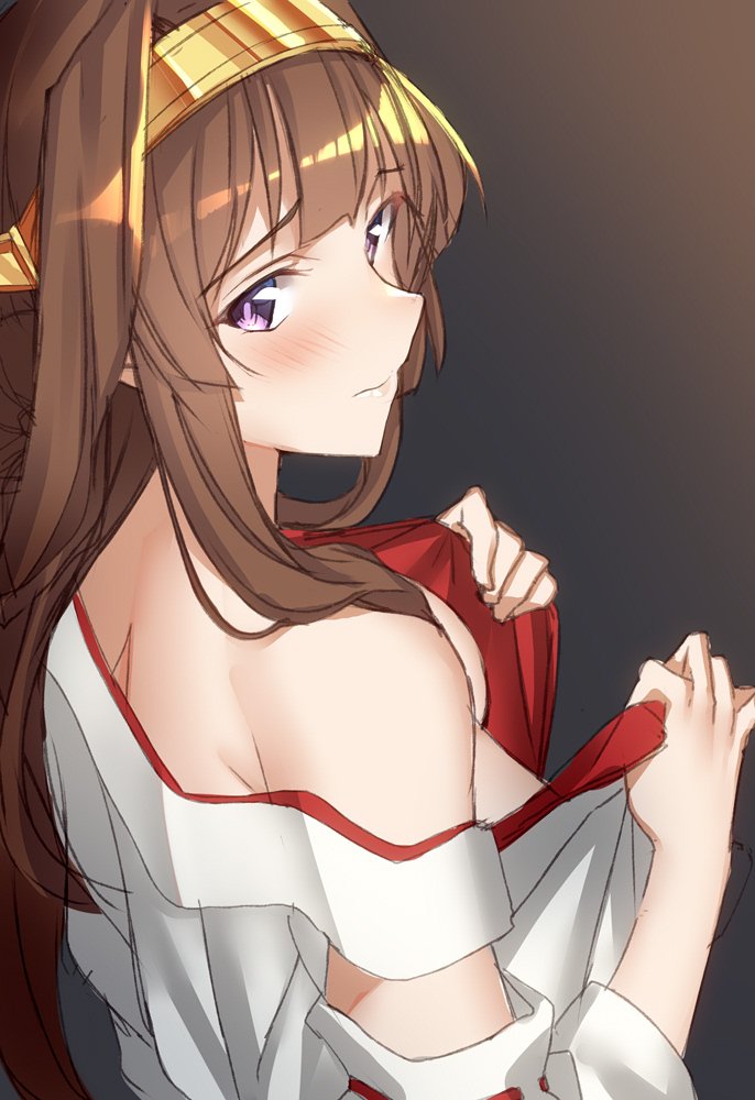 1girl bangs blush breasts brown_hair closed_mouth commentary_request embarrassed from_behind grey_background hairband headgear kantai_collection kongou_(kantai_collection) large_breasts long_hair looking_at_viewer looking_back off_shoulder pallad solo undressing violet_eyes