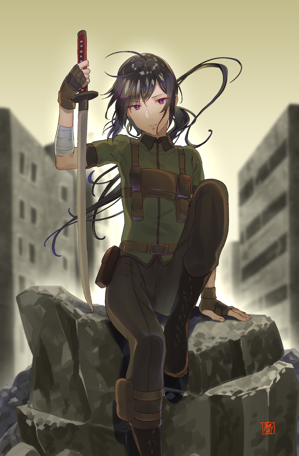 1boy androgynous arm_support black_footwear black_hair blurry blurry_background bomhat boots brown_gloves brown_pants fingerless_gloves floating_hair gloves green_jacket highres holding holding_sword holding_weapon jacket katana long_hair looking_at_viewer male_focus military military_uniform outdoors pants ponytail shiny shiny_hair sitting solo steins;gate sword uniform urushibara_ruka violet_eyes weapon