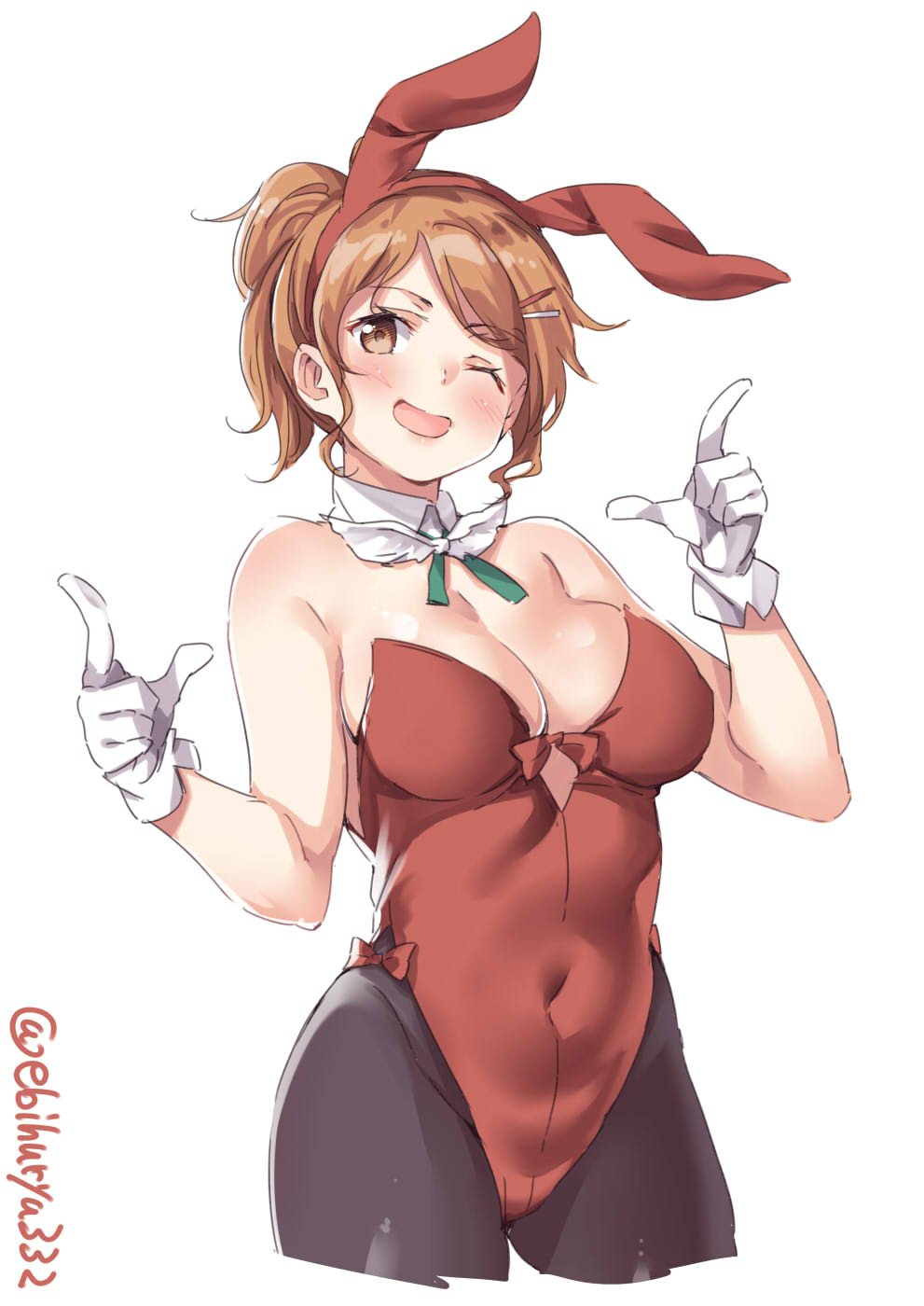 1girl animal_ears aquila_(kantai_collection) bare_shoulders black_legwear blush breasts bunny_girl covered_navel detached_collar ebifurya gloves hair_ornament hairclip high_ponytail highleg highleg_leotard highres kantai_collection large_breasts leotard long_hair looking_at_viewer one_eye_closed open_mouth orange_hair red_leotard sidelocks standing strapless strapless_leotard twitter_username wavy_hair white_background white_gloves wrist_cuffs yellow_eyes