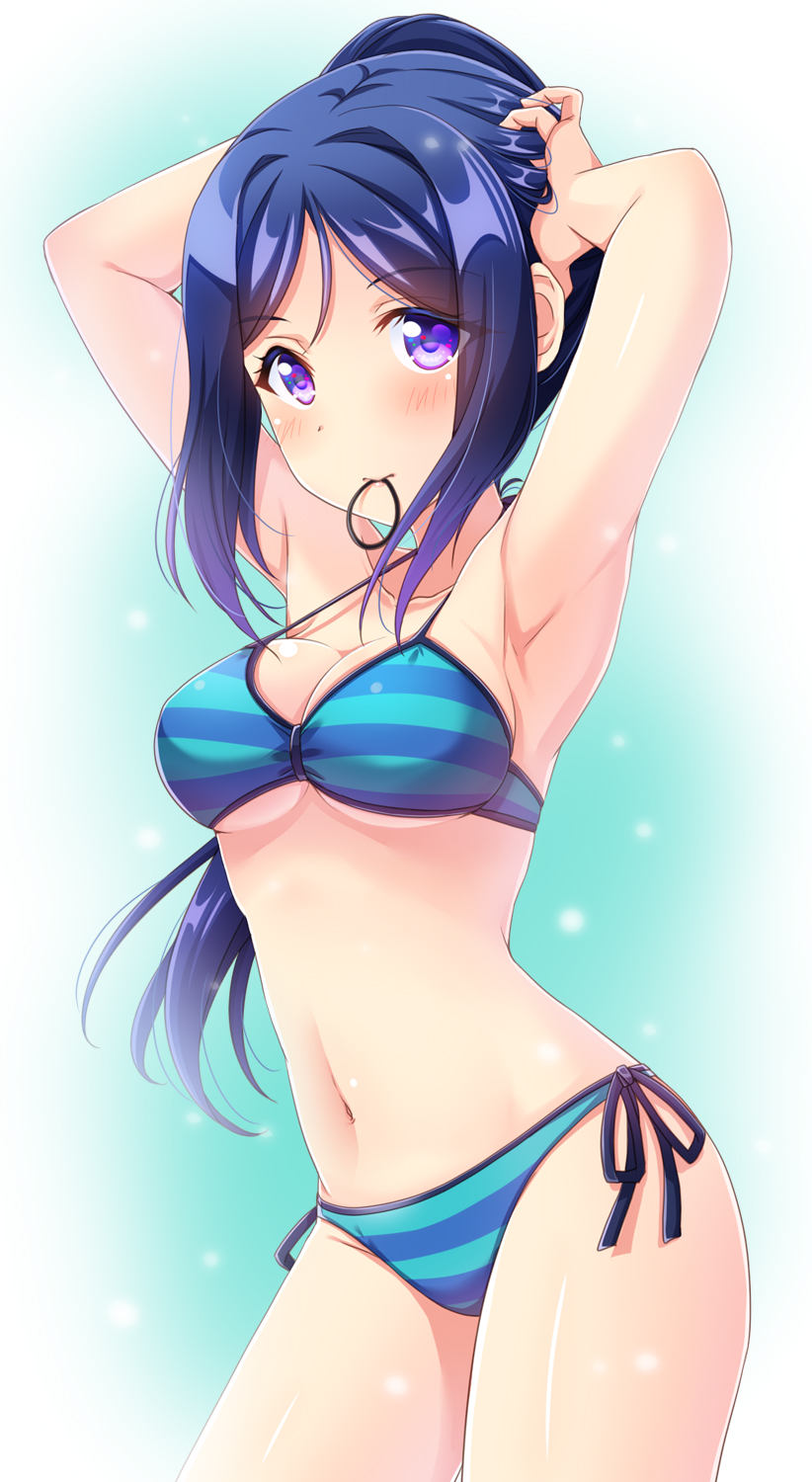 1girl adjusting_hair armpits arms_behind_head arms_up bangs bare_arms bare_legs bikini blue_hair blush breasts collarbone eyebrows_visible_through_hair gradient gradient_background hairband hands_on_own_head high_ponytail highres long_hair looking_at_viewer love_live! love_live!_sunshine!! matsuura_kanan medium_breasts motoasako mouth_hold navel side-tie_bikini sidelocks solo standing striped striped_bikini swimsuit under_boob violet_eyes