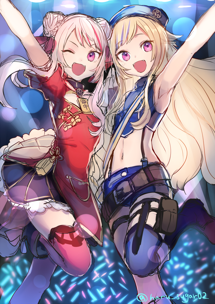 2girls :d ;d arm_up armpits asymmetrical_legwear black_skirt blonde_hair blue_hat blue_legwear blue_shorts collar crop_top double_bun fangs floating_hair frilled_skirt frills hair_ribbon hat highlights himehina_channel lens_flare long_hair looking_at_viewer midriff miniskirt multicolored_hair multiple_girls navel one_eye_closed open_mouth pink_legwear pleated_skirt red_eyes red_ribbon ribbon short_shorts shorts shugao silver_hair single_thighhigh sketch skirt sleeveless smile standing stomach suspender_shorts suspenders suzuki_hina tanaka_hime thigh-highs thigh_strap very_long_hair