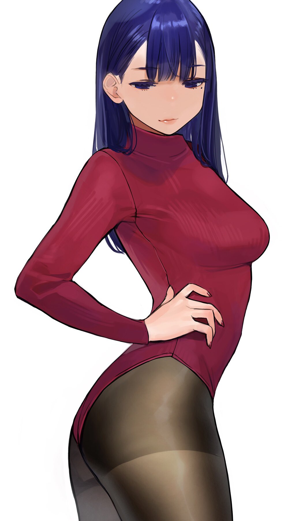 1girl blue_eyes blue_hair blush breasts brown_legwear closed_mouth commentary_request copyright_request cowboy_shot hand_on_hip highres leotard long_sleeves looking_down medium_breasts mole mole_under_eye nail_polish pantyhose red_leotard red_nails simple_background smile solo white_background yomu_(sgt_epper)