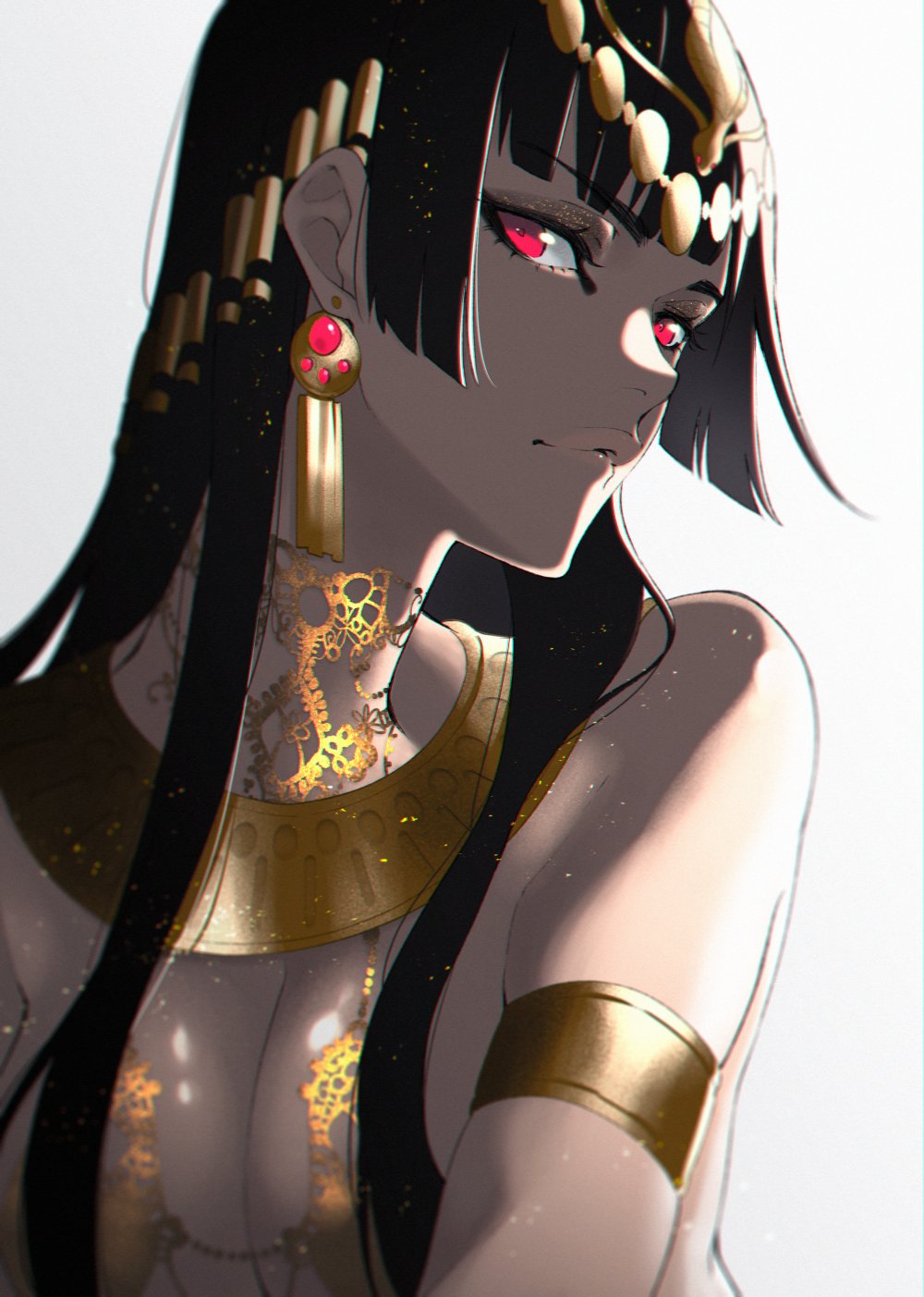 1girl bangs black_hair blunt_bangs breasts circlet closed_mouth dark_skin earrings gradient gradient_background grey_background highres hime_cut jewelry light_particles long_hair looking_at_viewer medium_breasts original red_eyes solo upper_body westxost_(68monkey)