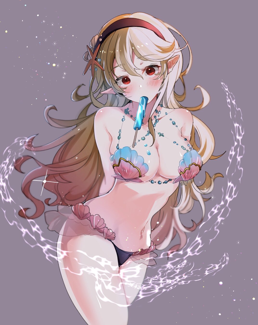 1girl bikini bikini_top blush breasts female_my_unit_(fire_emblem_if) fire_emblem fire_emblem_cipher fire_emblem_if food hair_between_eyes hair_ornament highres ice_cream jewelry long_hair looking_at_viewer mamkute my_unit_(fire_emblem_if) navel necklace nekolook nintendo pointy_ears red_eyes seashell shell shell_bikini silver_hair solo swimsuit white_hair