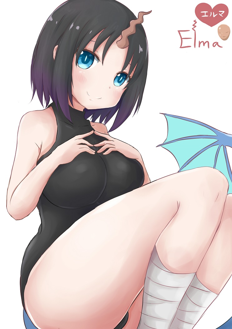 1girl bandage black_hair black_leotard blue_eyes blush breasts character_name dada_(qq871qw871) dragon_girl dragon_horn dragon_tail elma_(maidragon) eyebrows gradient_hair hair_between_eyes hands_on_own_chest heart horn kobayashi-san_chi_no_maidragon large_breasts leotard looking_at_viewer multicolored_hair purple_hair short_hair simple_background sitting smile solo tail turtleneck white_background