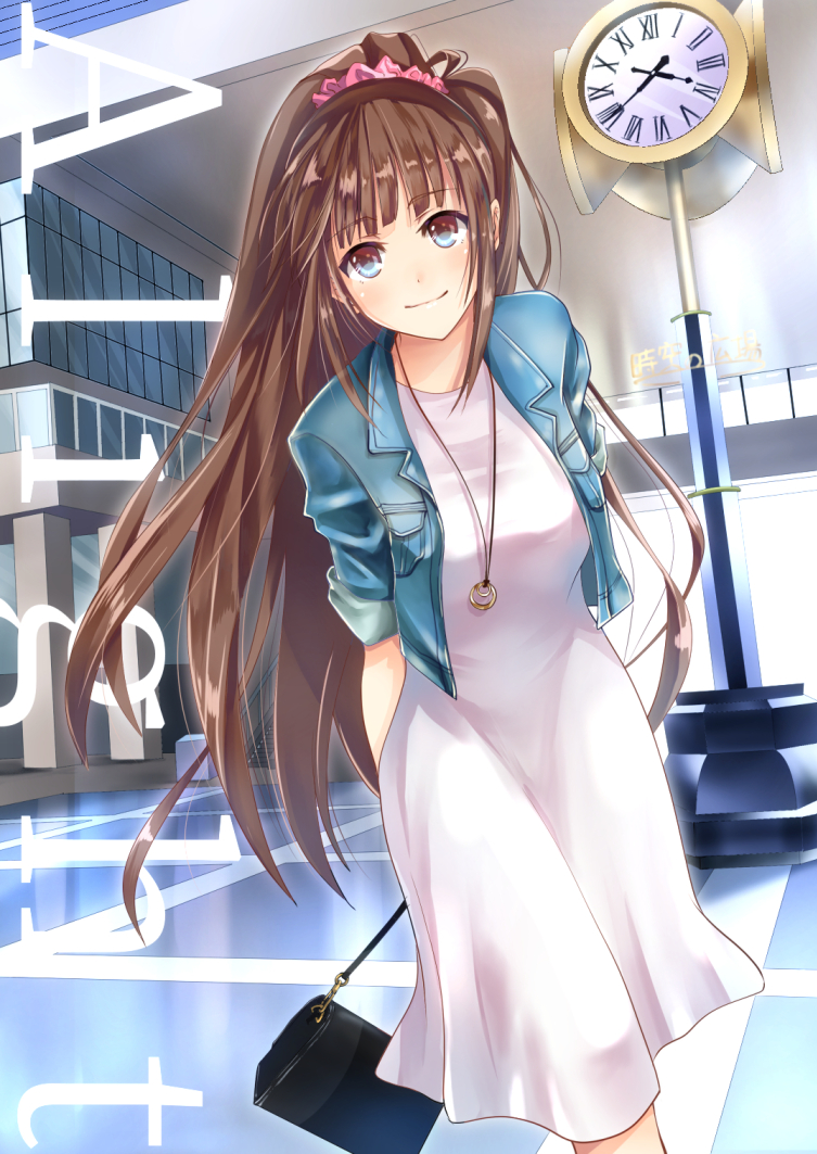 1girl arms_behind_back bag bangs blue_eyes blue_jacket brown_hair clock cover cover_page cropped dress hair_ornament hair_scrunchie handbag jacket jewelry long_hair looking_at_viewer necklace novel_cover official_art scrunchie smile standing very_long_hair white_dress