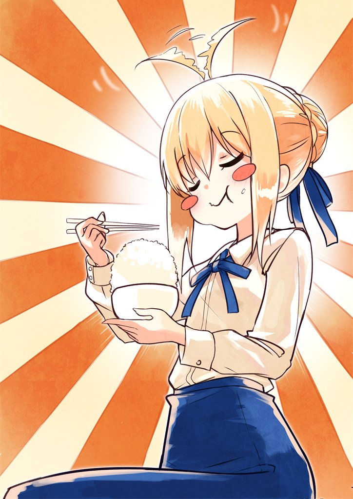 1girl :t ahoge ahoge_wag artoria_pendragon_(all) bangs blonde_hair blue_neckwear blue_ribbon blue_skirt bowl braid chopsticks closed_eyes closed_mouth collared_shirt commentary_request eating expressive_hair eyebrows_visible_through_hair fate/stay_night fate_(series) food food_on_face hair_bun hair_ribbon happy holding long_sleeves looking_at_viewer miruto_netsuki ribbon rice rice_bowl saber shirt skirt smile solo white_shirt wing_collar