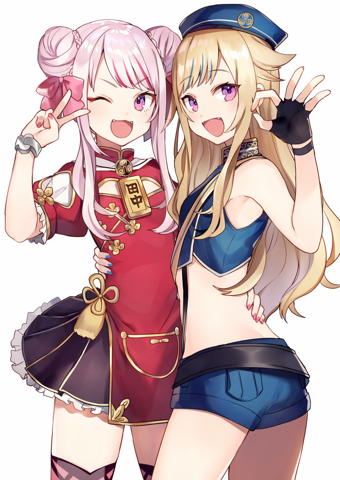 2girls :3 :d ;d armpits ass bangs bare_arms bare_shoulders belt black_gloves black_legwear black_skirt blonde_hair blue_hair blue_hat blue_shirt blue_shorts blush bow bracelet braid breasts butt_crack chinese_clothes cowboy_shot crop_top double_bun eyebrows_visible_through_hair fangs fingerless_gloves frills gloves hair_bow hair_bun hand_up hat himehina_channel jewelry legs_apart lolita_fashion long_hair looking_at_viewer looking_back midriff miniskirt multicolored_hair multiple_girls nail_polish ok_sign one_eye_closed open_mouth pink_bow pink_hair pink_nails puffy_short_sleeves puffy_sleeves qi_lolita red_shirt redhead shirt short_shorts short_sleeves shorts shugao side-by-side sidelocks simple_background skirt sleeveless sleeveless_shirt small_breasts smile standing streaked_hair suspenders suzuki_hina tanaka_hime thigh-highs v v-shaped_eyebrows violet_eyes virtual_youtuber white_background zettai_ryouiki