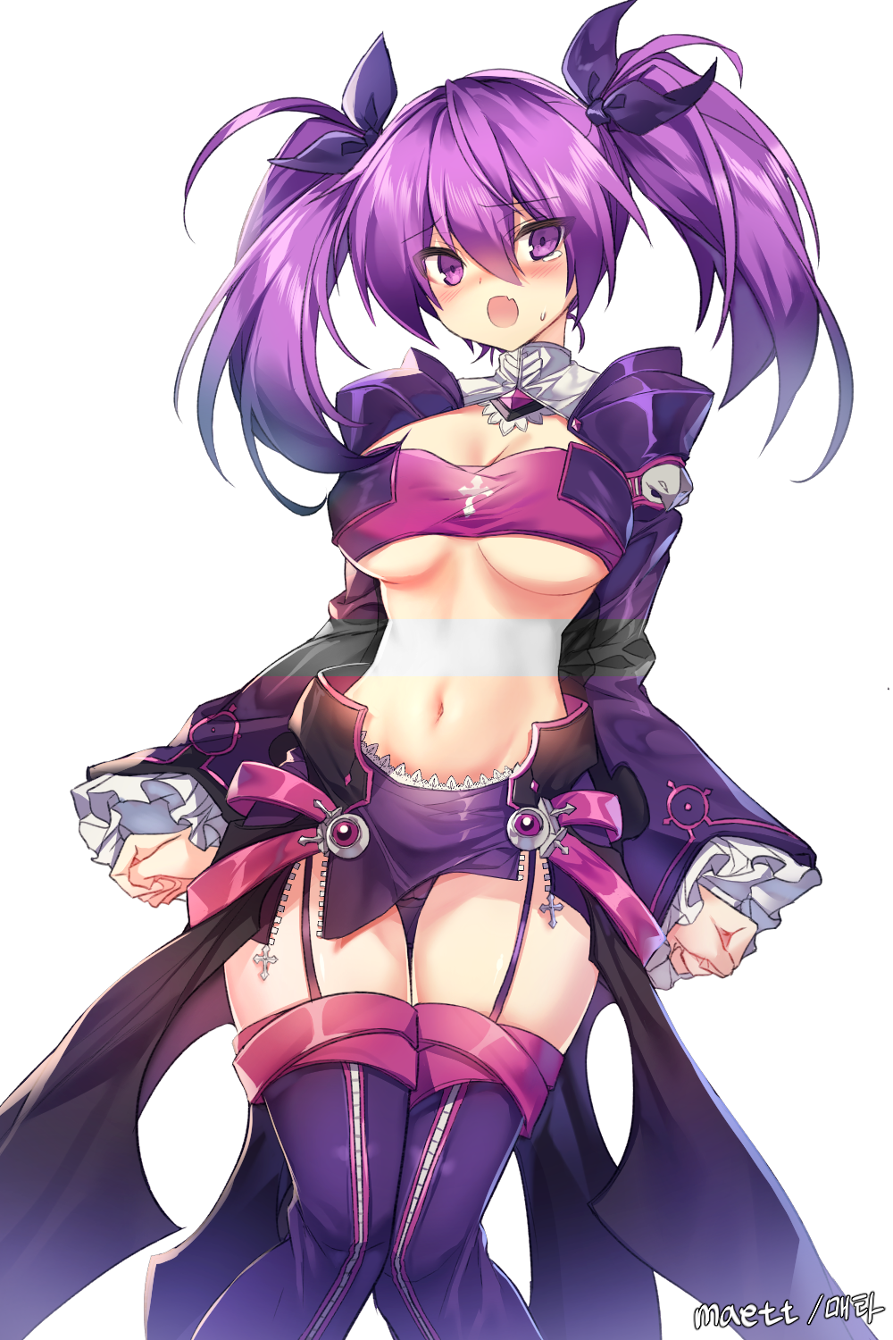 1girl aisha_(elsword) artist_name bandeau blush boots breasts cleavage clenched_hands commentary_request commission cross elsword eyebrows_visible_through_hair garter_straps hair_between_eyes hair_ribbon highres korean_commentary long_hair long_sleeves looking_at_viewer maett medium_breasts midriff miniskirt navel open_mouth purple_hair purple_ribbon purple_skirt purple_sleeves revealing_clothes ribbon short_twintails sidelocks simple_background skirt solo standing stomach sweat thigh-highs thigh_boots thigh_gap thighs turtleneck twintails violet_eyes void_princess_(elsword) white_background wide_sleeves