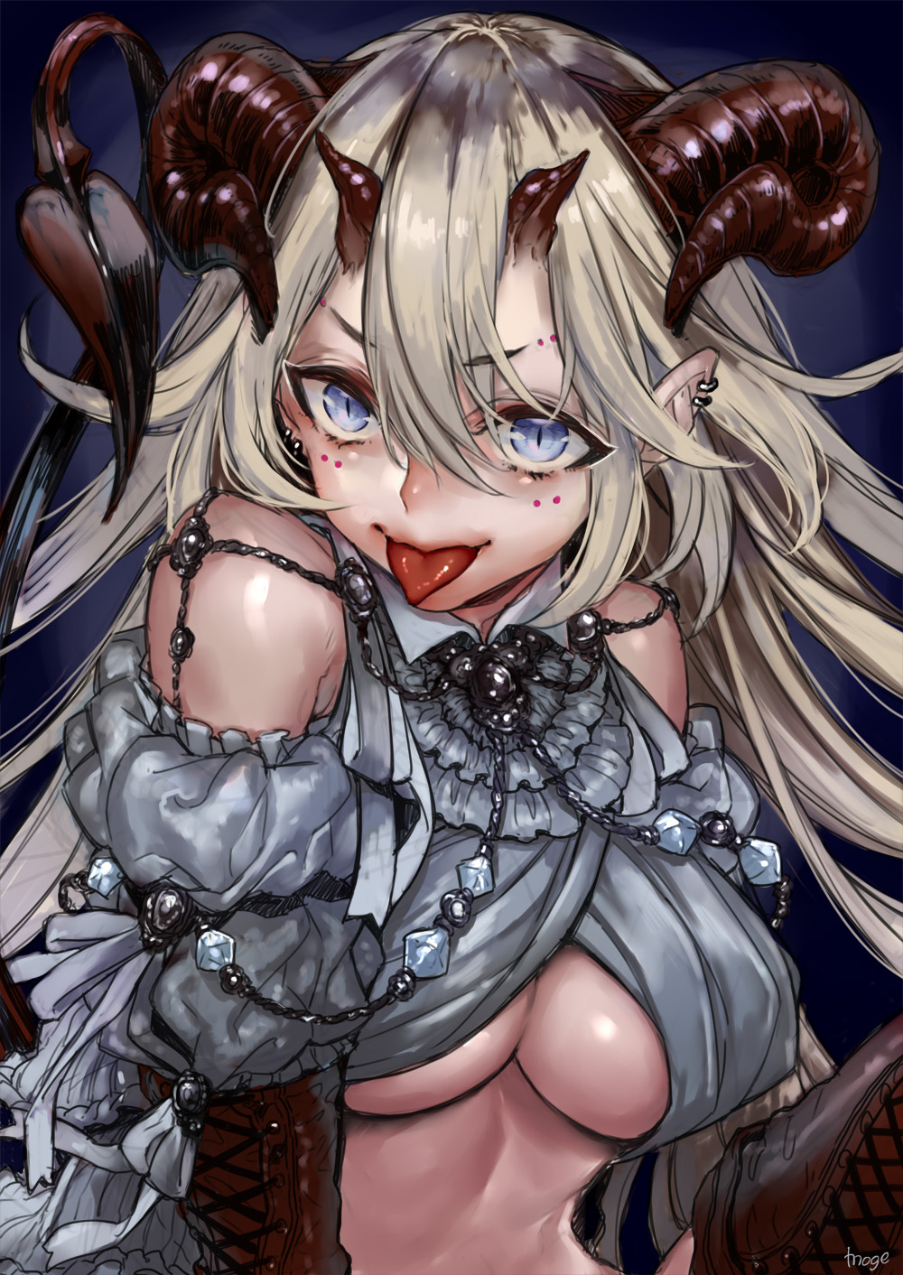 1girl bare_shoulders blonde_hair blue_eyes breasts demon_horns demon_tail earrings highres horns jewelry long_hair looking_at_viewer original pointy_ears rororogi_mogura slit_pupils solo tail tongue tongue_out under_boob