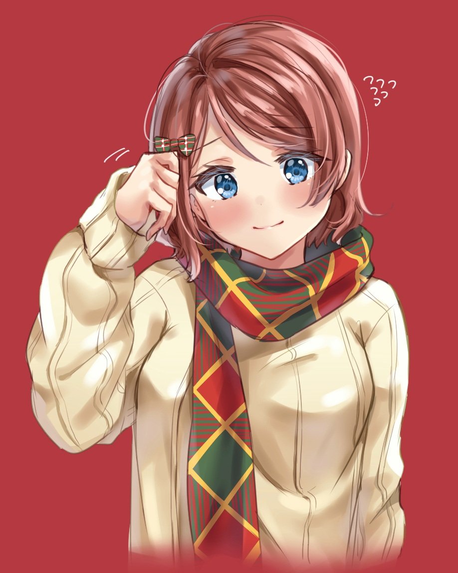 1girl blue_eyes blush bow brown_hair commentary_request flying_sweatdrops hair_bow hair_tucking long_sleeves looking_at_viewer love_live! love_live!_sunshine!! minori_748 red_background scarf short_hair simple_background smile solo sweater upper_body watanabe_you