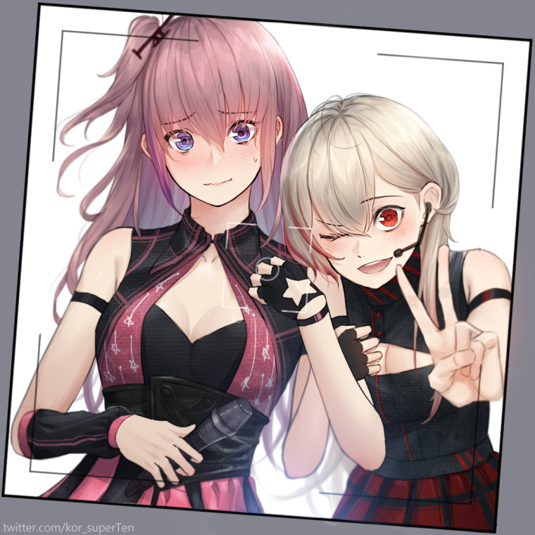 2girls alternate_costume bangs blonde_hair blue_eyes blush breasts cleavage cleavage_cutout dress eyebrows_visible_through_hair fingerless_gloves girls_frontline gloves hair_between_eyes hair_ornament holding holding_another's_arm holding_microphone long_hair looking_at_viewer m4_sopmod_ii_(girls_frontline) microphone multiple_girls one_eye_closed open_mouth phone_screen pink_hair red_eyes side_ponytail simple_background skirt sleeveless sleeveless_dress smile st_ar-15_(girls_frontline) strap ten_cws v white_background