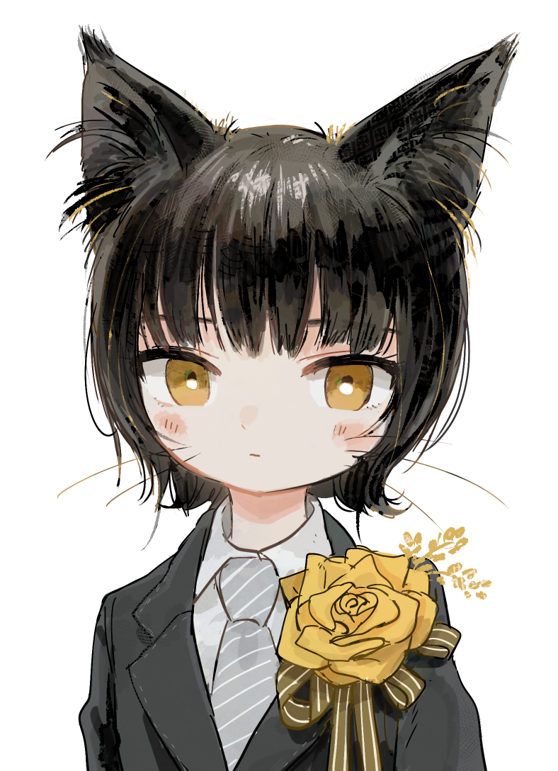 1girl animal_ears black_hair blush cat_ears cat_girl flower formal necktie original portrait short_hair solo suit whiskers white_background yellow_eyes zinbei