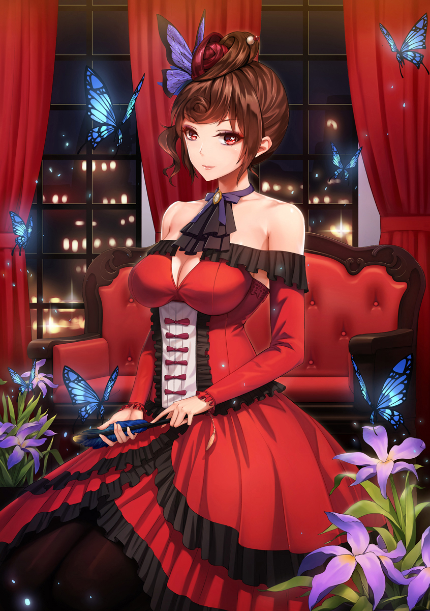 1girl bare_shoulders black_legwear breasts brown_hair bug butterfly closed_mouth collarbone couch curtains dress flower highres holding indoors insect kneeling large_breasts light_smile long_sleeves night obaoba_(monkeyix) plant potted_plant red_dress red_eyes solo sparkle window yuugiri_(zombie_land_saga) zombie_land_saga
