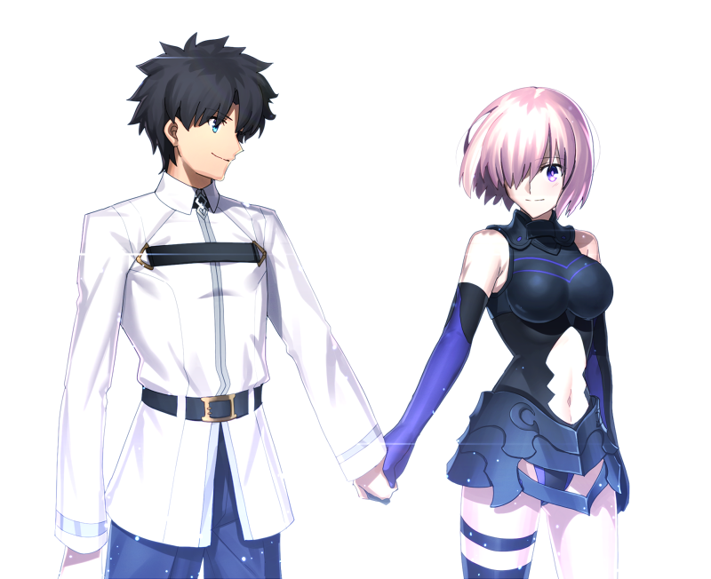 1boy 1girl armored_leotard asymmetrical_legwear black_hair black_legwear blue_eyes blue_pants breasts breasts_apart elbow_gloves eyebrows_visible_through_hair fate/grand_order fate_(series) fujimaru_ritsuka_(male) gloves hair_over_one_eye hand_holding jacket looking_at_viewer mash_kyrielight medium_breasts midriff navel navel_cutout pants pink_hair purple_gloves sen_(77nuvola) short_hair smile standing stomach thigh-highs uniform violet_eyes white_background white_jacket