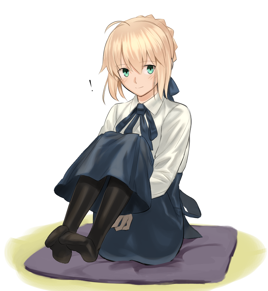 ! 1girl ahoge artoria_pendragon_(all) black_legwear blonde_hair blue_ribbon blue_skirt braided_bun eyebrows_visible_through_hair fate/stay_night fate_(series) full_body green_eyes hair_between_eyes hair_ribbon high-waist_skirt korikorikori leg_hug long_skirt long_sleeves looking_at_viewer neck_ribbon ribbon saber shiny shiny_hair shirt short_hair simple_background sitting skirt smile solo white_background white_shirt