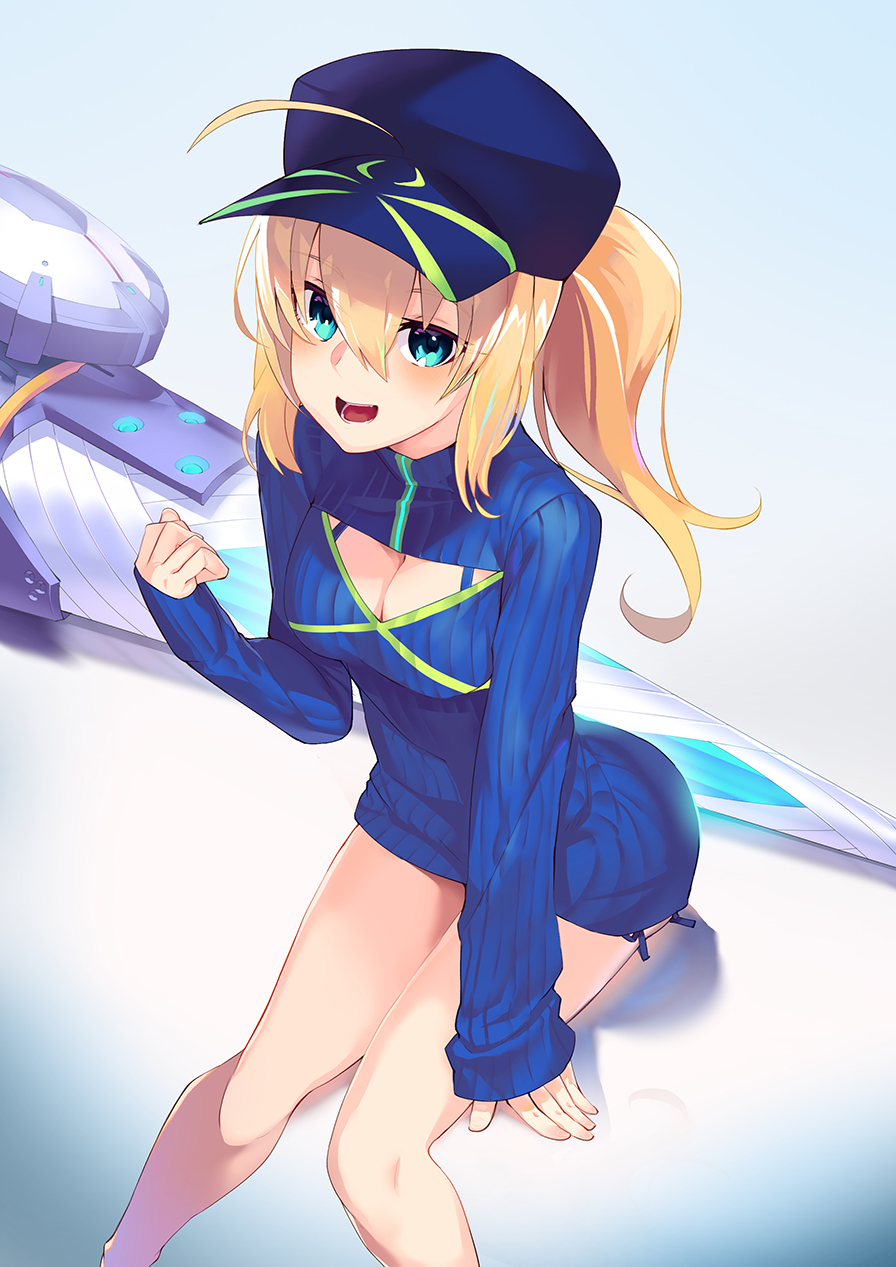 1girl :d ahoge aqua_eyes arm_support artoria_pendragon_(all) bangs blonde_hair blue_hat blue_sweater blush breasts cleavage cleavage_cutout commentary_request eyebrows_visible_through_hair fate/grand_order fate_(series) feet_out_of_frame flat_cap hair_between_eyes hair_through_headwear hand_up hat highres leaning_forward long_hair long_sleeves looking_at_viewer medium_breasts meme_attire mysterious_heroine_xx_(foreigner) open-chest_sweater open_mouth ponytail reflection ribbed_sweater sitting sleeves_past_wrists smile solo soupchan sweater