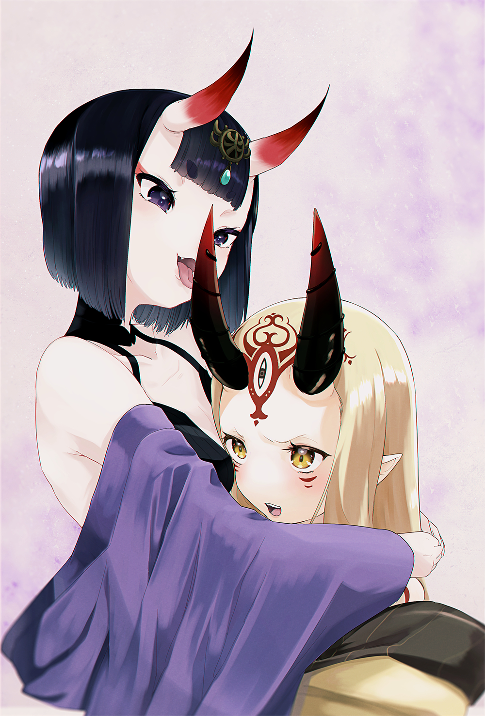 2girls 5saiji bangs bare_shoulders black_hair blonde_hair blunt_bangs blush bob_cut eyebrows_visible_through_hair eyeshadow facial_mark fangs fate/grand_order fate_(series) forehead_mark frown highres horns hug ibaraki_douji_(fate/grand_order) japanese_clothes kimono licking long_hair long_sleeves makeup multiple_girls no_nose oni oni_horns open_clothes open_kimono open_mouth pointy_ears purple_kimono short_eyebrows short_hair shuten_douji_(fate/grand_order) tattoo tongue tongue_out violet_eyes yellow_eyes yellow_kimono