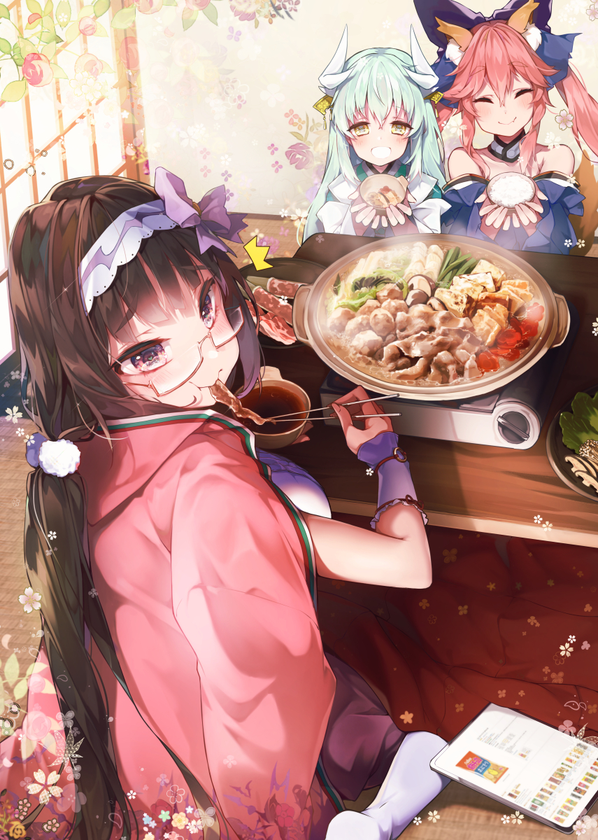 3girls animal_ear_fluff animal_ears aqua_hair black_hair blue_ribbon bowl breasts cleavage cloak closed_eyes collarbone commentary commentary_request dragon_girl dragon_horns eyebrows_visible_through_hair fang fate/extra fate/grand_order fate_(series) food fox_ears fox_girl fox_tail glasses green_hair hair_ribbon heart heart-shaped_pupils highres hood hooded_cloak horns japanese_clothes kanola_u kimono kiyohime_(fate/grand_order) kotatsu large_breasts long_hair multiple_girls obi osakabe-hime_(fate/grand_order) pink_hair purple_skirt red-framed_eyewear ribbon rice rice_bowl sash skirt symbol-shaped_pupils table tail tamamo_(fate)_(all) tamamo_no_mae_(fate) violet_eyes yellow_eyes