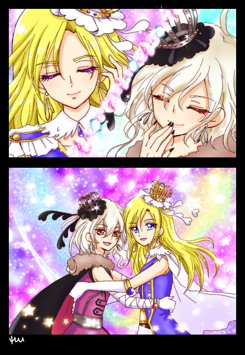 2boys bicine_(precure) black_nails blonde_hair crown fingernails fur_trim gem hand_holding henshin highres hugtto!_precure long_fingernails long_hair magical_boy multiple_boys nail_polish parody precure reira_(reomimi0211) smile wakamiya_henri