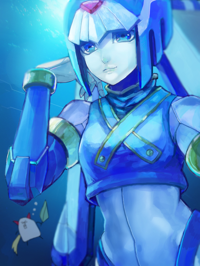 1girl android blue_eyes breasts gloves helmet leviathan_(rockman) medium_breasts pale_skin rockman rockman_zero sanmahamati solo underwater upper_body white_gloves