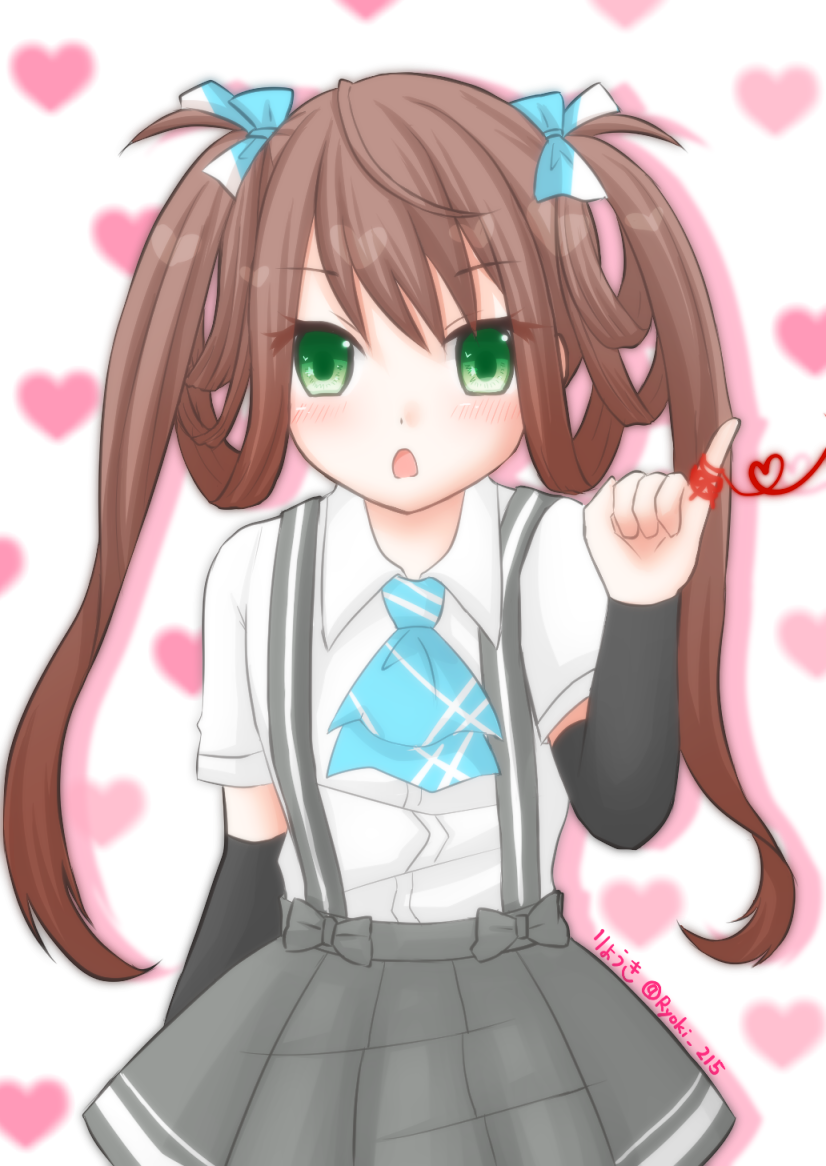 1girl arm_warmers asagumo_(kantai_collection) ascot blue_neckwear brown_hair dated double_bun eyebrows_visible_through_hair green_eyes grey_skirt hair_ribbon heart kantai_collection long_hair open_mouth patterned_background pinky_out pleated_skirt ribbon ryouki_(34388923) school_uniform shirt skirt solo string_around_finger suspenders twintails twitter_username white_shirt