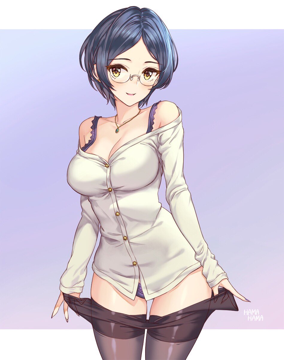 1girl blue_hair blue_panties cardigan earrings glasses hayami_kanade hhama highres idolmaster idolmaster_cinderella_girls idolmaster_cinderella_girls_starlight_stage jewelry panties pantyhose_removed short_hair smile solo thigh-highs underwear undressing yellow_eyes