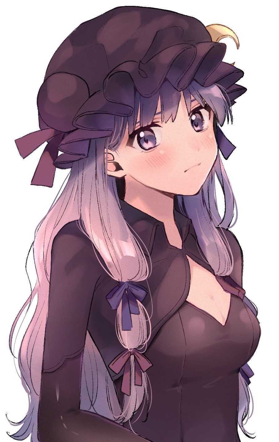 1girl bangs blush breasts cleavage closed_mouth commentary_request crescent crescent_moon_pin hair_ribbon hat highres long_hair looking_at_viewer patchouli_knowledge purple_hair purple_ribbon red_ribbon ribbon simple_background small_breasts solo touhou upper_body vanilla_(miotanntann) violet_eyes white_background wing_collar