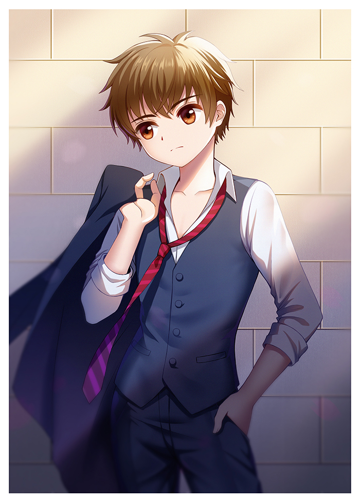 1boy black_jacket black_pants brown_eyes brown_hair card_captor_sakura cowboy_shot hand_in_pocket head_tilt heavenlove holding holding_jacket jacket jacket_removed li_xiaolang long_sleeves male_focus necktie pants red_neckwear shirt solo standing striped striped_neckwear white_shirt