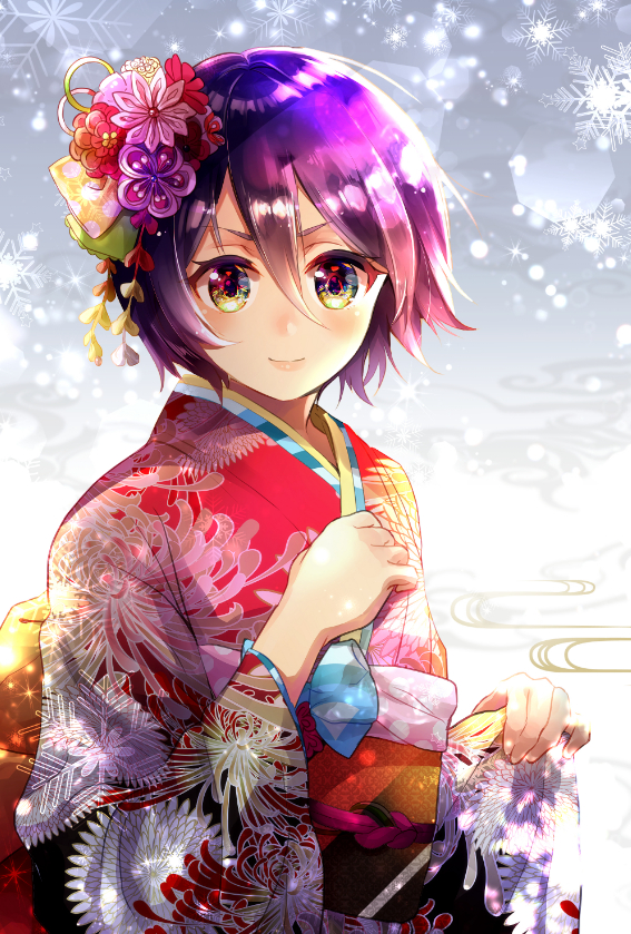 1girl bleach floral_print green_eyes hair_between_eyes hair_ornament japanese_clothes kimono kuchiki_rukia lens_flare long_sleeves looking_at_viewer print_kimono purple_hair shiny shiny_hair short_hair snowflakes solo standing umi_(pixiv6861961) upper_body yukata