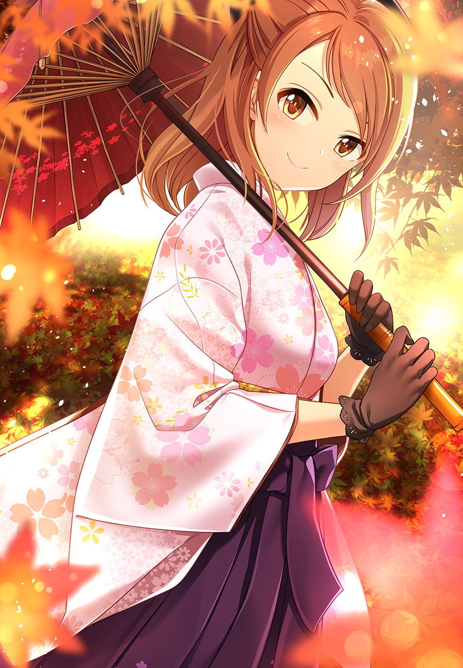 1girl autumn_leaves bangs black_gloves brown_eyes brown_hair cowboy_shot floral_print from_side gloves hakama highres holding holding_umbrella houjou_karen idolmaster idolmaster_cinderella_girls japanese_clothes kazu kimono leaf long_hair long_sleeves looking_at_viewer maple_leaf oriental_umbrella pink_kimono print_kimono purple_hakama red_umbrella smile solo standing swept_bangs umbrella