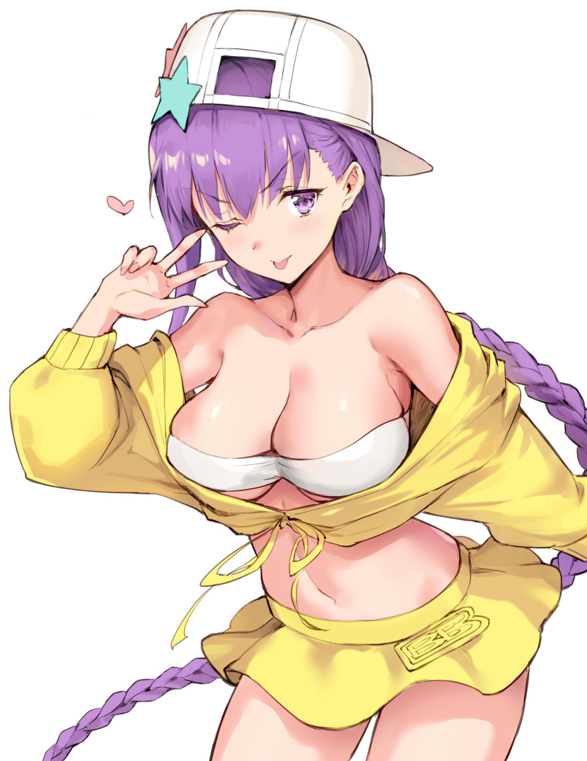 1girl backwards_hat bangs bare_shoulders baseball_cap bb_(fate)_(all) bb_(swimsuit_mooncancer)_(fate) blush braid breasts cleavage closed_mouth collarbone cropped_jacket fate/extra fate/extra_ccc fate/grand_order fate_(series) hand_gesture haoni hat heart hips jacket large_breasts long_hair looking_at_viewer navel off_shoulder one_eye_closed purple_hair simple_background skirt smile solo star_hat_ornament thighs tongue tongue_out under_boob very_long_hair violet_eyes w white_background white_bikini_top yellow_jacket yellow_skirt