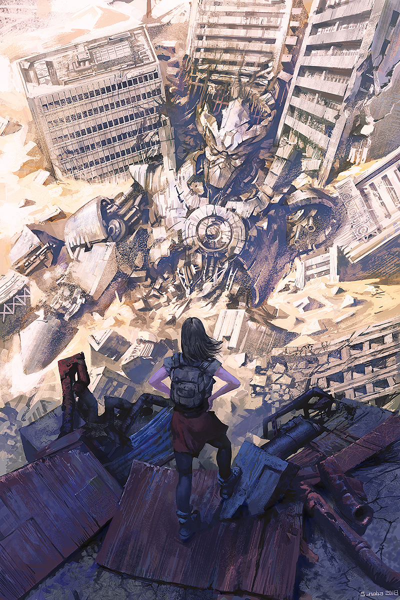 1girl ankle_boots backpack bag black_hair black_legwear boots city contrapposto from_above hands_on_hips highres long_hair looking_down mecha noba original pantyhose red_skirt robot ruins scenery science_fiction shade short_sleeves signature skirt solo