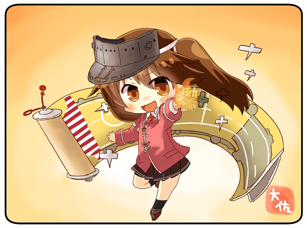 1girl artist_name brown_eyes brown_hair brown_skirt chibi commentary_request flight_deck full_body gradient gradient_background japanese_clothes kantai_collection kariginu looking_at_viewer magatama pleated_skirt pose red_skirt ryuujou_(kantai_collection) scroll shikigami skirt solo standing standing_on_one_leg taisa_(kari) twintails visor_cap yellow_background