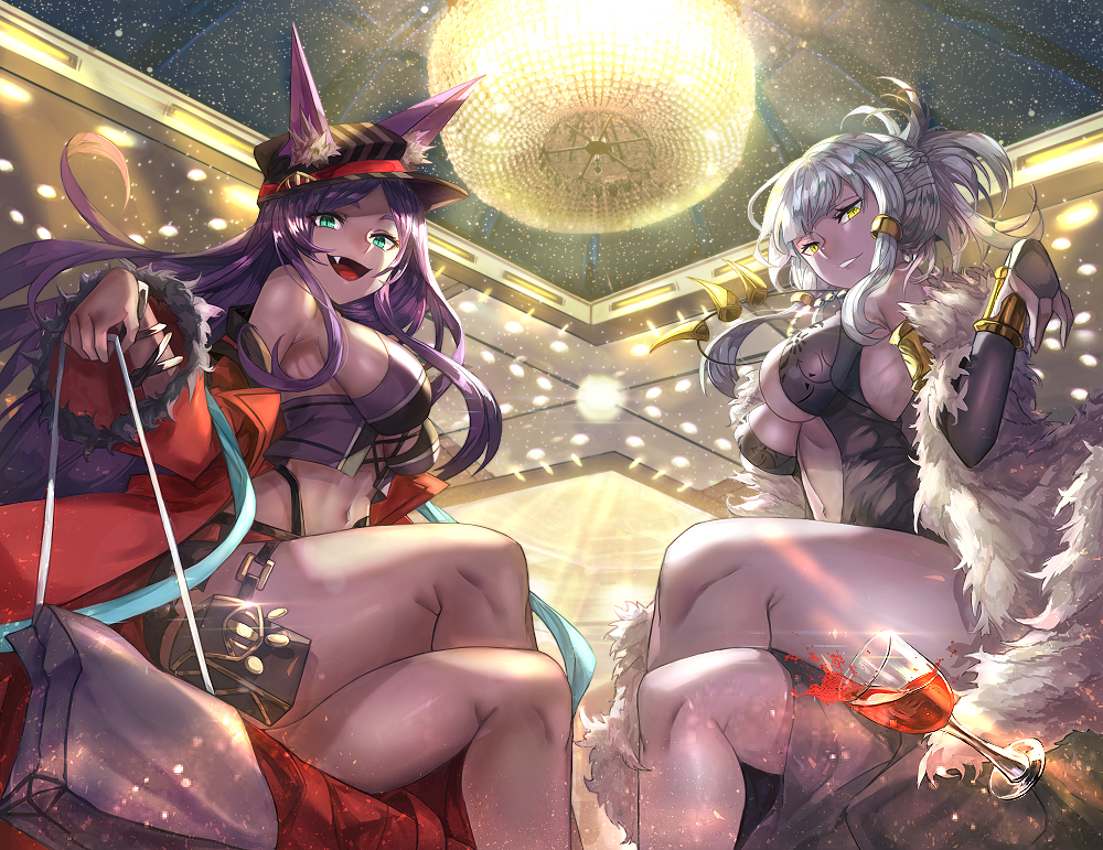 2girls :d alcohol animal_ears aqua_eyes bag black_dress breasts bridal_gauntlets coat commentary_request cup dark_skin david_lee dollar-cent_shop dress drinking_glass ears_through_headwear fang fate/grand_order fate_(series) folded_ponytail from_below fur-trimmed_coat fur_coat fur_trim handbag hat jewelry large_breasts long_hair looking_at_viewer midriff multiple_girls navel necklace no_bra open_mouth penthesilea_(fate/grand_order) purple_hair queen_of_sheba_(fate/grand_order) red_coat shining_skyscrapers short_shorts shorts sideboob silver_hair smile tooth_necklace under_boob wine wine_glass yellow_eyes