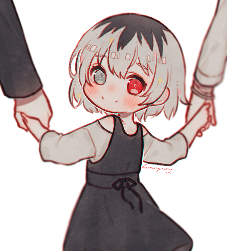 1girl black_dress black_hair blush bow bowtie bracelet closed_mouth dress eyebrows_visible_through_hair grey_eyes grey_hair hair_between_eyes hand_holding heterochromia hn_(artist) jewelry kaneki_ichika light_smile long_sleeves looking_at_viewer multicolored_hair red_eyes shiny shiny_hair shirt short_hair signature simple_background smile spoilers standing tokyo_ghoul two-tone_hair white_background