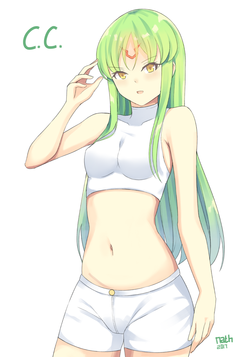 1girl 2017 :d artist_name breasts c.c. character_name code_geass crop_top facial_mark green_hair highres kauru00 long_hair looking_at_viewer medium_breasts midriff navel open_mouth shiny shiny_hair short_shorts shorts simple_background sleeveless smile solo standing stomach very_long_hair white_background white_shorts yellow_eyes