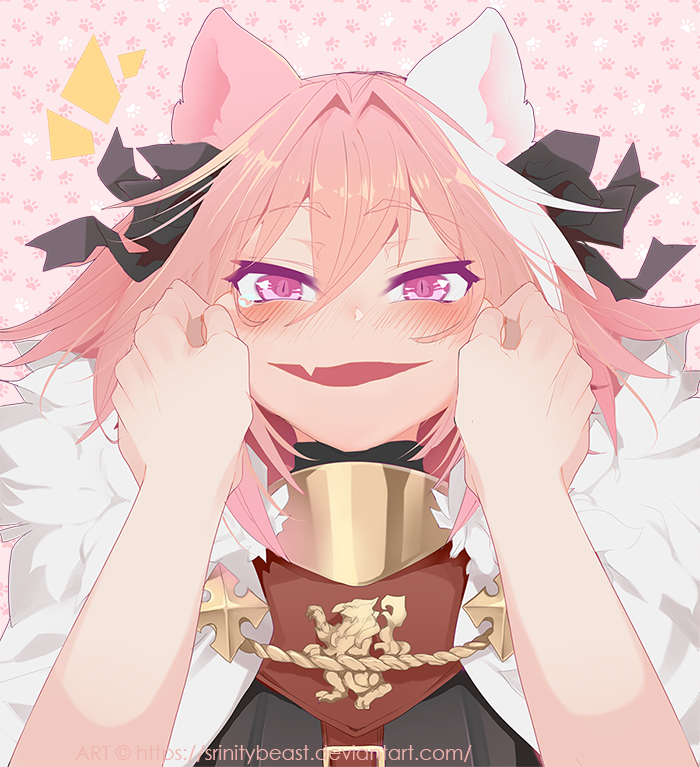 1boy animal_ears astolfo_(fate) black_ribbon blush cat_ears cheek_pull cheek_squash eyebrows_visible_through_hair face fang fate/apocrypha fate_(series) fur_trim hair_between_eyes hair_intakes hair_ribbon hands_on_another's_face looking_at_viewer md5_mismatch multicolored_hair open_mouth out_of_frame paw_print_pattern pink_hair pov pov_hands ribbon short_hair solo_focus srinitybeast tears two-tone_hair violet_eyes watermark web_address