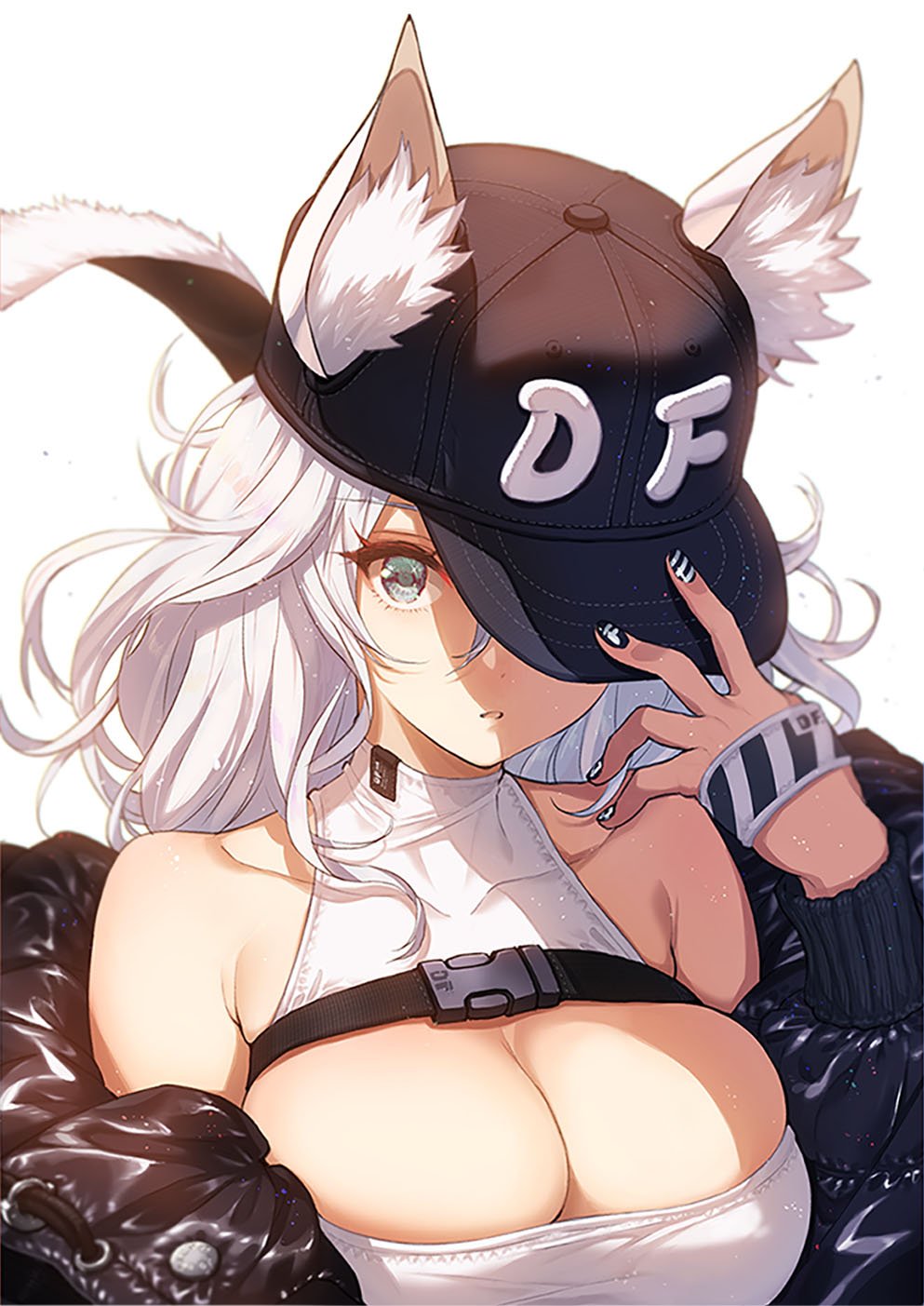 1girl adjusting_clothes adjusting_hat animal_ear_fluff animal_ears bare_shoulders baseball_cap breasts buckle cat_ears cat_tail cleavage cleavage_cutout ears_through_headwear eyebrows_visible_through_hair eyelashes green_eyes hat hat_over_one_eye highres jacket large_breasts lighting long_hair nail_art off_shoulder open_clothes open_jacket original saitou_masatsugu sleeveless snap-fit_buckle solo strap tail upper_body white_background white_hair