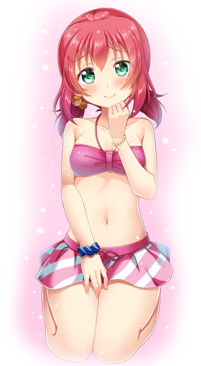 1girl bangs bare_shoulders bikini blush bracelet breasts cleavage collarbone eyebrows_visible_through_hair frilled_bikini frills gradient gradient_background green_eyes hair_between_eyes hand_on_own_chin highres jewelry kneeling kurosawa_ruby looking_at_viewer love_live! love_live!_sunshine!! low_twintails motoasako navel pink_bikini pink_hair scrunchie short_hair small_breasts smile solo swimsuit tagme twintails