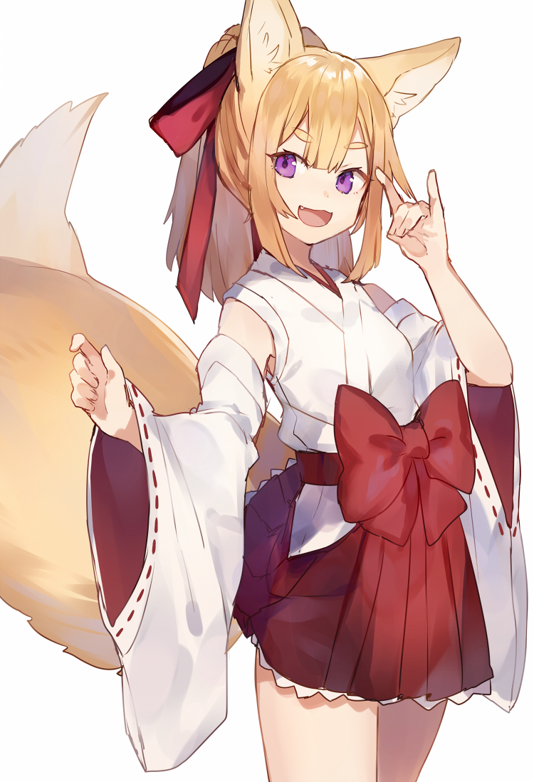 1girl :3 :d \n/ animal_ears bangs bare_shoulders blonde_hair bow breasts cowboy_shot detached_sleeves fang fox_ears fox_tail hair_ribbon hakama_skirt hand_up japanese_clothes long_hair long_sleeves looking_at_viewer open_mouth original pleated_skirt ponytail red_bow red_ribbon red_skirt ribbon ribbon_trim shugao sidelocks simple_background skirt small_breasts smile solo standing tail thick_eyebrows violet_eyes white_background wide_sleeves