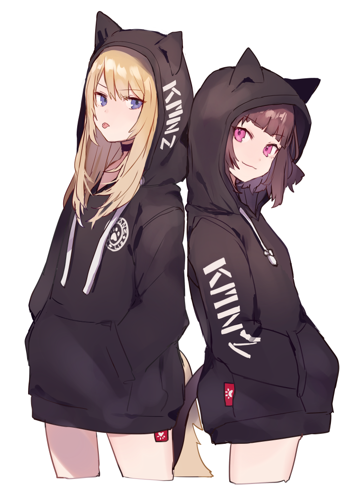 2girls :p animal_hood bangs black_choker black_hair black_hoodie blonde_hair blunt_bangs cat_tail choker closed_mouth clothes_writing cropped_legs drawstring eyebrows_visible_through_hair fox_tail hands_in_pockets head_tilt hood hoodie kmnz long_hair looking_at_viewer matching_outfit mc_lita mc_liz multiple_girls pink_eyes short_hair shugao side-by-side sidelocks simple_background smile tail tongue tongue_out v-shaped_eyebrows violet_eyes virtual_youtuber white_background