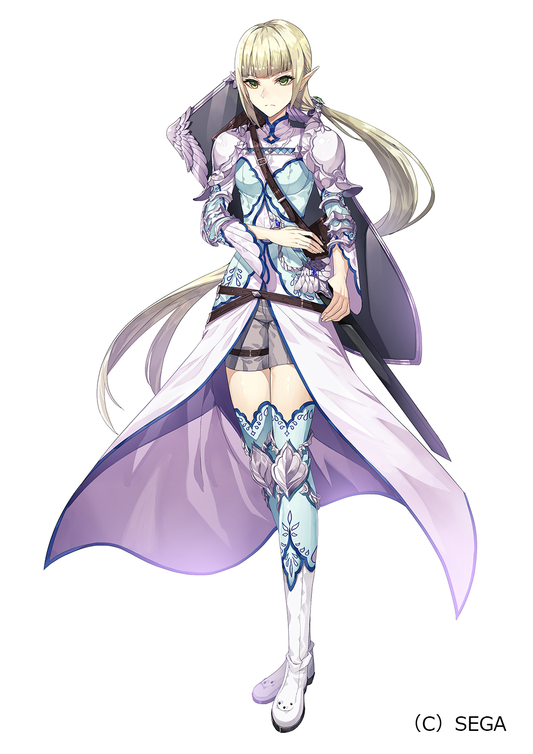 1girl bangs blonde_hair blue_legwear blunt_bangs boots copyright_name elf full_body grey_shorts highres long_hair mura_karuki official_art pointy_ears sheath shield shorts solo standing thigh-highs white_background white_footwear