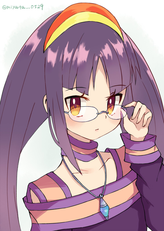 1girl adjusting_eyewear artist_name bangs blunt_bangs blush brown_eyes eyebrows_visible_through_hair female glasses hair_ornament hairband jewelry long_hair looking_at_viewer miyata_(lhr) necklace pendant purple_hair queen_tia rockman ryuusei_no_rockman ryuusei_no_rockman_3 sidelocks simple_background solo white_background