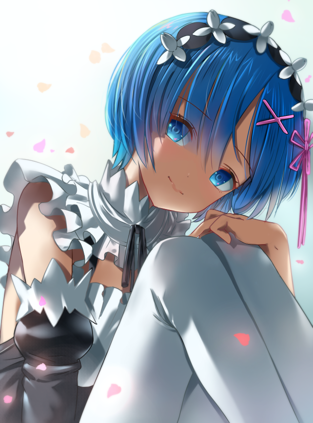 1girl bangs black_ribbon black_sleeves blue_eyes blue_hair choker detached_sleeves eyebrows_visible_through_hair flower hair_between_eyes hair_flower hair_ornament hair_ribbon hand_on_own_knee head_tilt head_wreath inuno_pesu looking_at_viewer neck_ribbon petals pink_ribbon re:zero_kara_hajimeru_isekai_seikatsu rem_(re:zero) ribbon short_hair sitting smile solo white_flower white_legwear x_hair_ornament