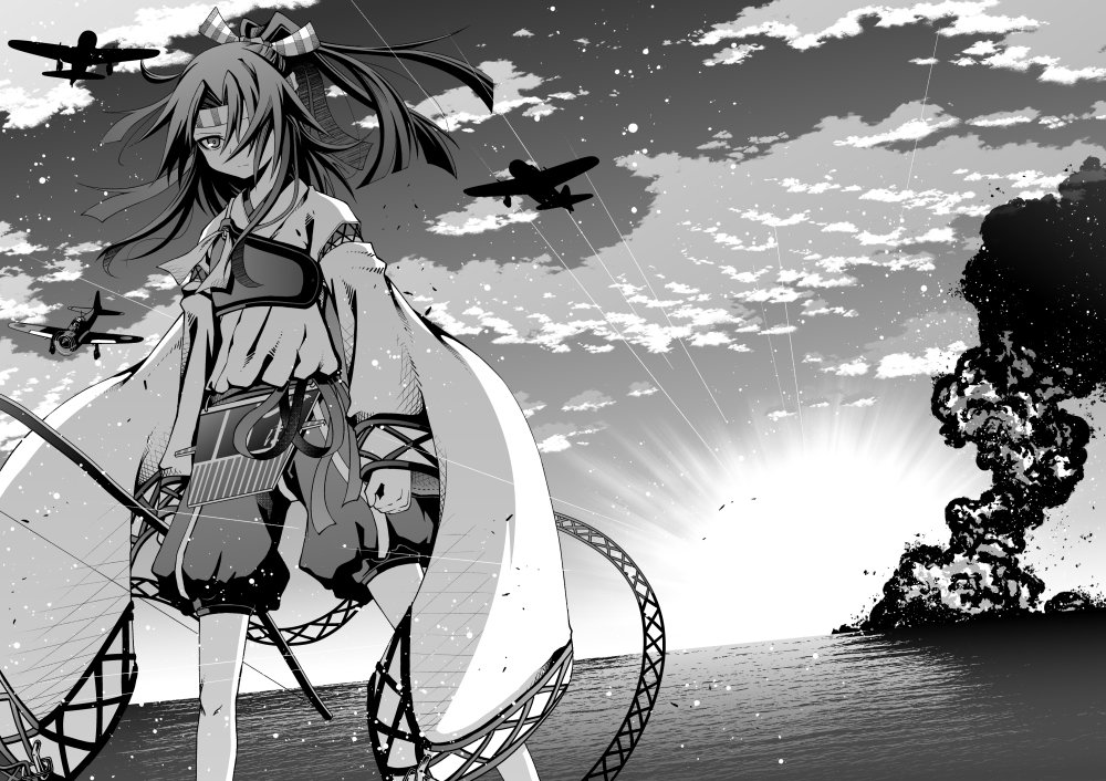 1girl aircraft akaneharu_ohkami bow_(weapon) clenched_hand closed_mouth clouds cloudy_sky explosion expressionless greyscale hachimaki hair_over_one_eye headband high_ponytail holding holding_bow_(weapon) holding_weapon japanese_clothes kantai_collection kimono long_sleeves monochrome muneate ocean outdoors propeller ribbon-trimmed_sleeves ribbon_trim shorts silhouette sky smoke solo sunlight water weapon wide_sleeves zuihou_(kantai_collection)