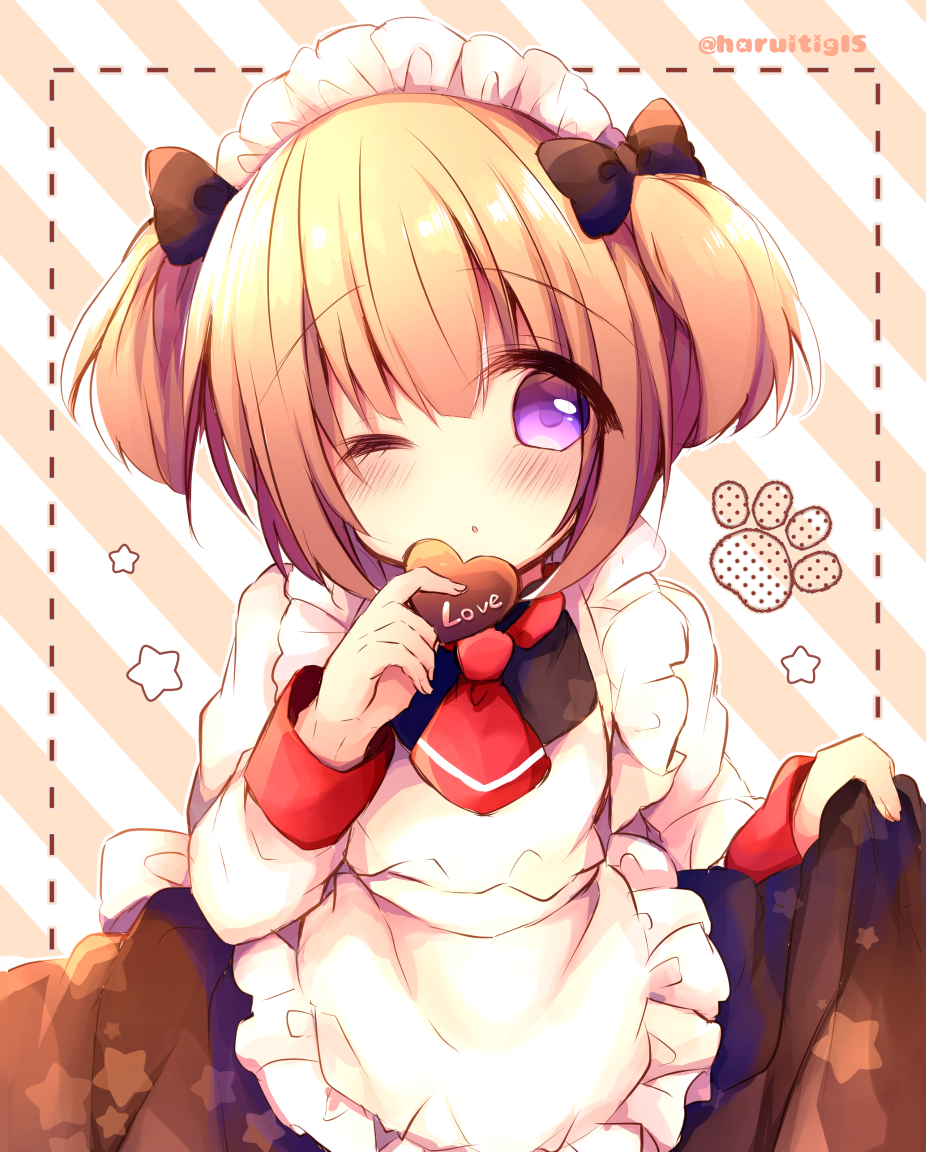 1girl ;o alternate_costume apron azur_lane bangs black_bow blush bow brown_dress chocolate chocolate_heart commentary_request diagonal-striped_background diagonal_stripes dotted_line dress enmaided eyebrows_visible_through_hair fingernails food frilled_apron frills hair_between_eyes hair_bow haru_ichigo heart holding holding_food long_sleeves looking_at_viewer maid maid_apron maid_headdress norfolk_(azur_lane) one_eye_closed parted_lips red_neckwear shirt sidelocks skirt_hold sleeveless sleeveless_dress solo star striped striped_background twitter_username two_side_up violet_eyes white_apron white_shirt