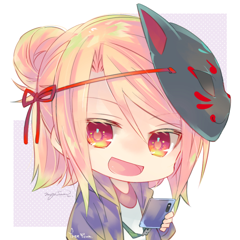 :d big_head border character_counter_request chibi commentary_request hand_up holding long_sleeves looking_at_viewer mask mask_on_head no_nose open_mouth orange_eyes orange_hair original outside_border red_ribbon ribbon signature smile solo white_border