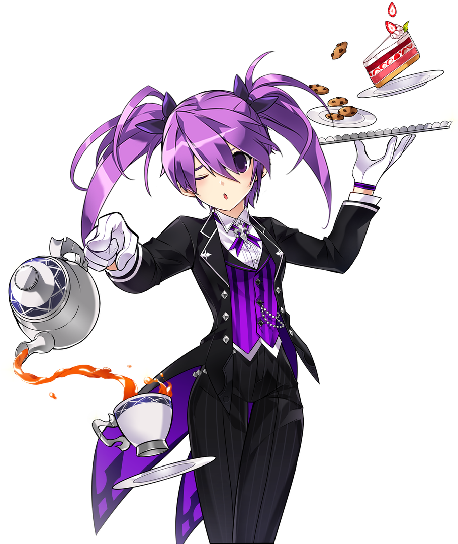 1girl ;o aisha_(elsword) black_pants bow butler cowboy_shot cup dress_shirt elsword hair_between_eyes hair_bow holding holding_plate long_hair mow1337 one_eye_closed pants plate purple_bow purple_hair shiny shiny_hair shirt solo standing striped teacup teapot transparent_background twintails vertical-striped_pants vertical_stripes violet_eyes white_shirt