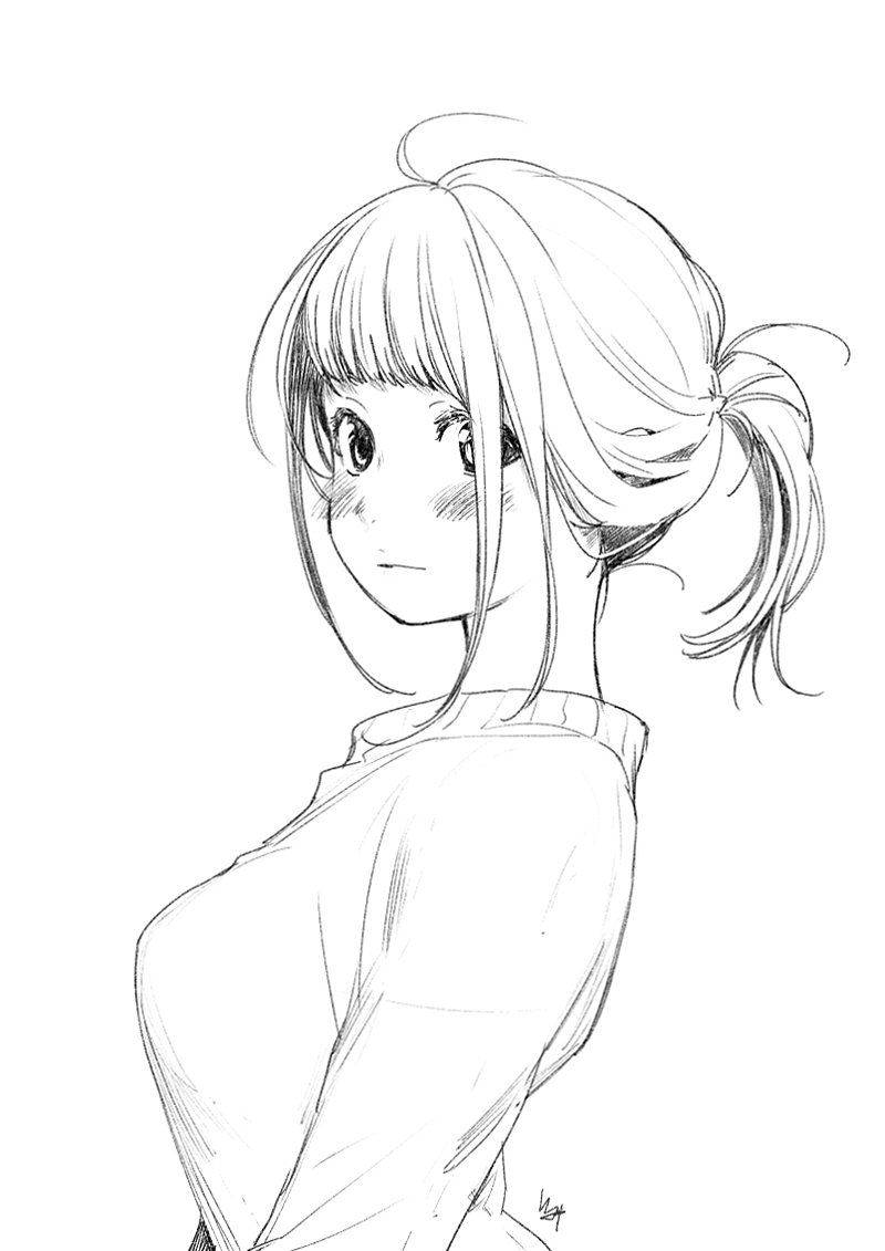 1girl ahoge bangs blunt_bangs blush breasts closed_mouth commentary_request from_side greyscale kawai_makoto large_breasts looking_at_viewer looking_to_the_side monochrome original ponytail signature simple_background solo sweater white_background